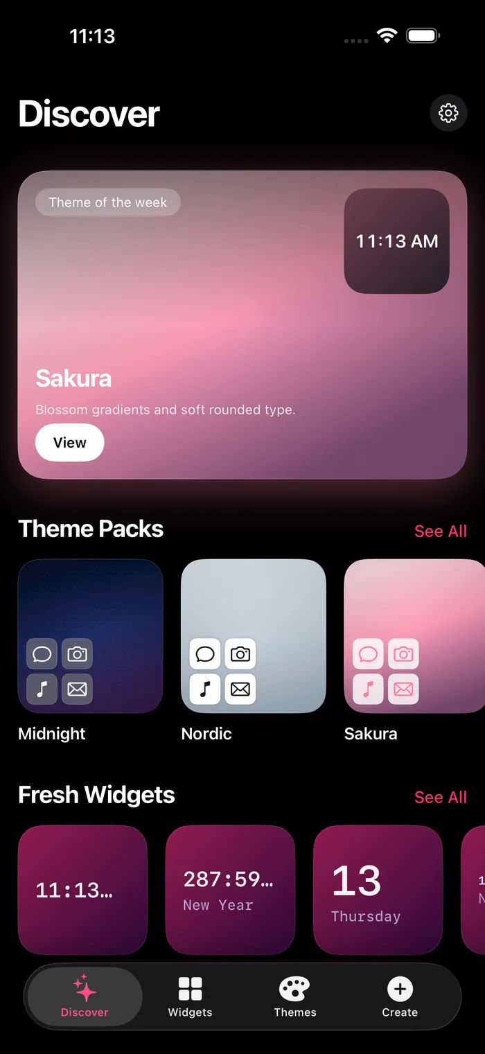 Novique Discover tab with theme packs and fresh widgets