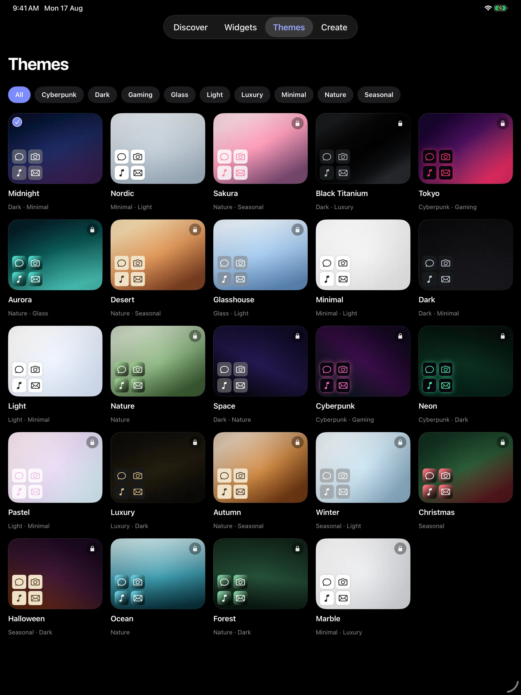 Novique theme grid on iPad, showing 24 packs with category filters