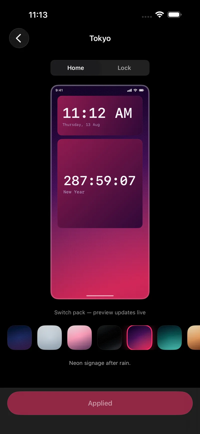 Novique Tokyo theme preview on the Home Screen